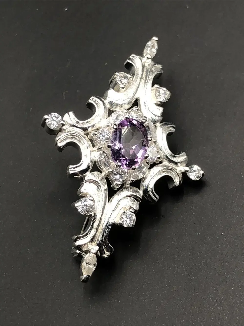 Vintage JC 925 Sterling Silver Amethyst Brooch Pin 1.25